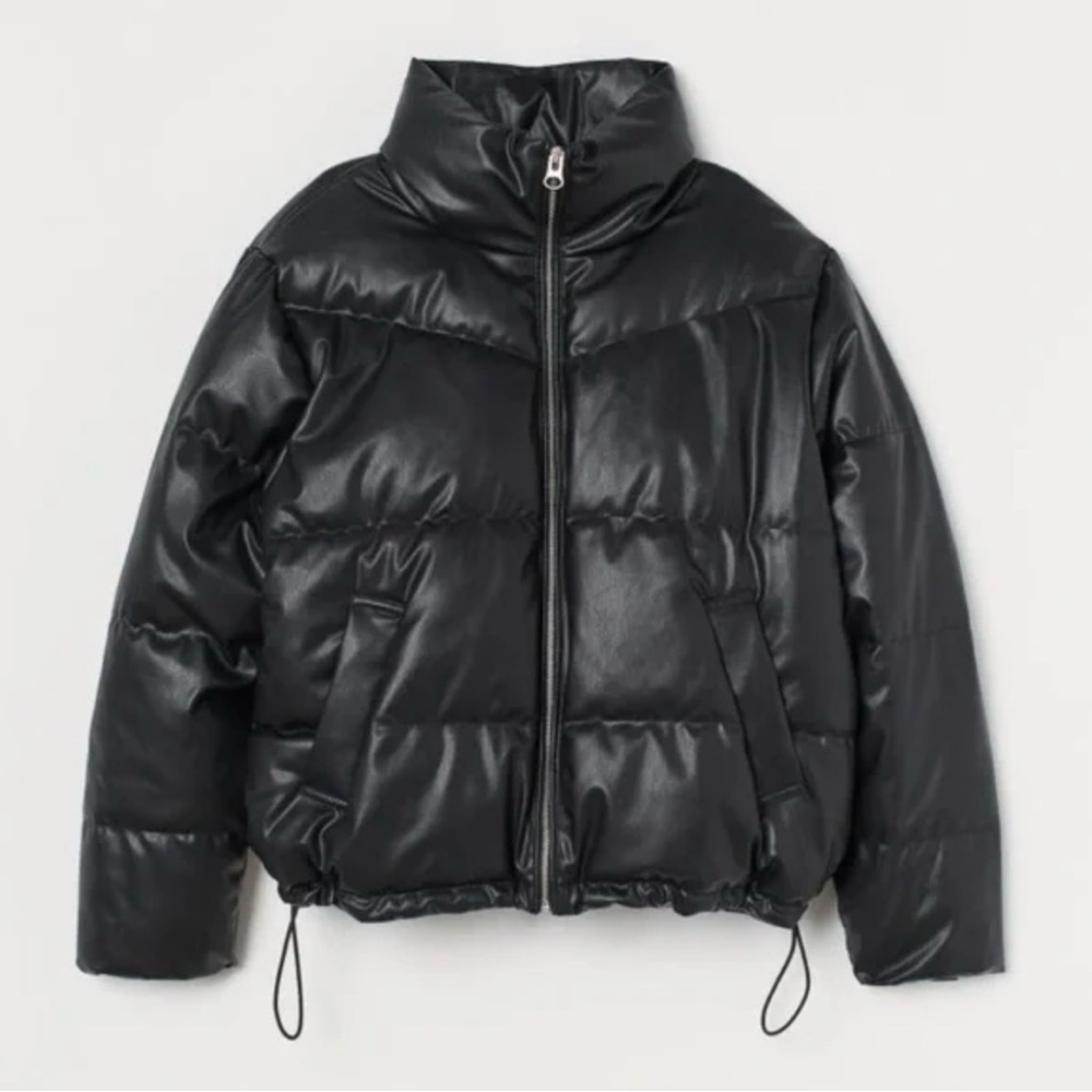 H&M Black Faux Leather Puffer Bomber Jacket size medium